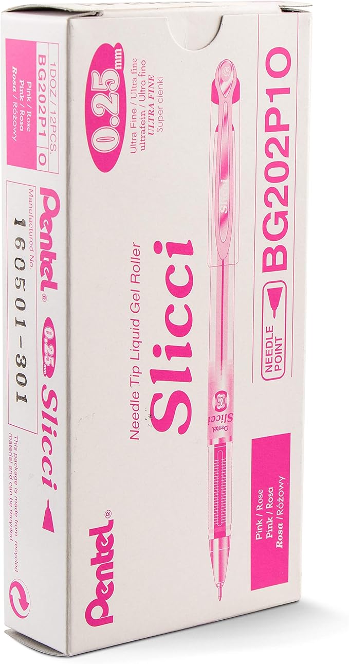 Pentel Arts Slicci 0.25 mm Extra Fine Gel Pen, Pink Ink, Box of 12 (BG202-P1)