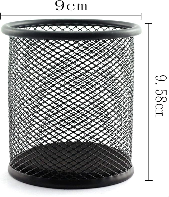 1-Pack Mesh Pen Holder Round Shape Pencil Container Multipurpose Metal Hollow Out Desktop Storage Organizer for Student Stationery Office Supplies(Black)