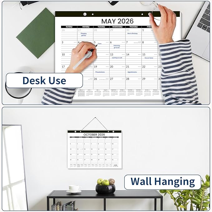 SUNEE Desk Calendar 2025-2026 17x12, 18 Months, JUL. 2025 - DEC. 2026, Academic Desk Blotter Calendar 2025-2026, School Year Large Calendar for Teacher, Black