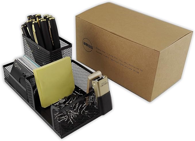 Fengtaiyuan T04, Black Metal Wire Mesh Pencil Holder, Desk Organizer (Black-T04)