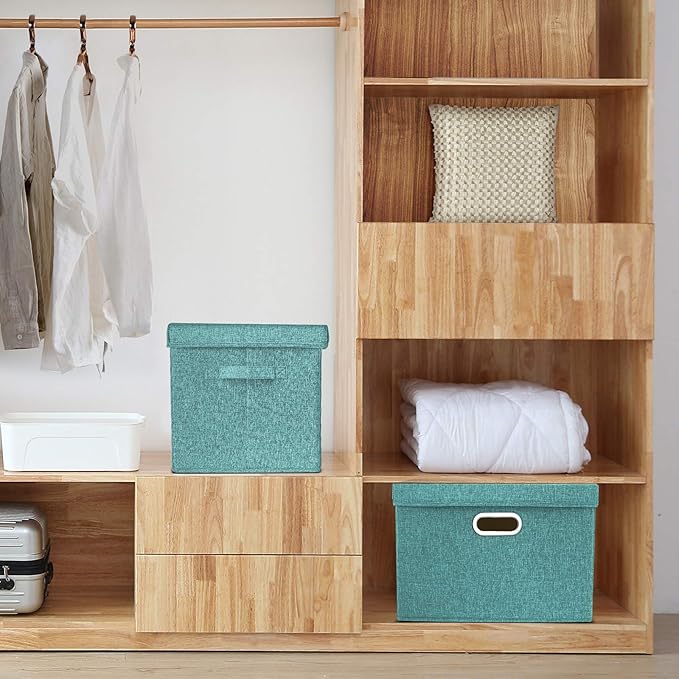 TYEERS Large Storage Bins with Lids, Collapsible, Washable, Fabric Storage Boxes for Organizing, 17.3x11.8x11.4 inches, 3 Pack, Aqua Deep