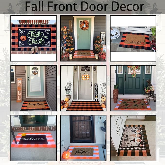 Orange and Black Plaid Rug, 28'' x 43'' Fall Outdoor Front Door Decor Mat, Cotton Washable Hand-Woven Rug for Layered Doormat, Autumn Halloween Thanksgiving Carpet for Porch, Entryway