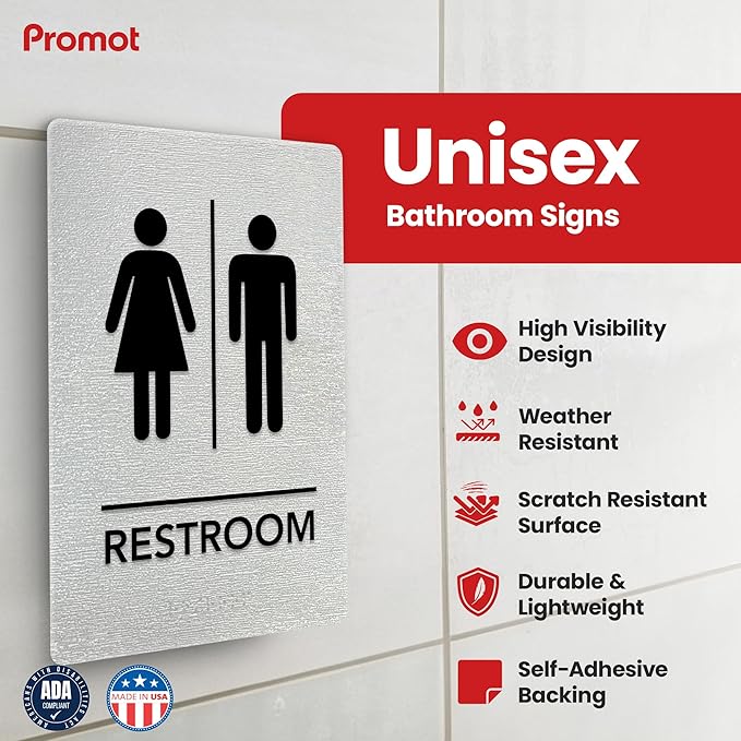 Promot Unisex Bathroom Sign – ADA Braille Restroom Sign for Business, Self-Adhesive, 9" x 6", Commercial Door Signage, Office Wall Decor - Brushed Steel