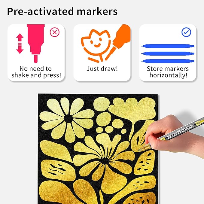NAWOD 3 Gold Acrylic Paint Pens Markers, Dual Tip (Fine 1mm + Dot 5mm), for Rock Painting Fabric Canvas Glass Wood Ceramic Paper Eggs, Fabric Marker Ideal for Labeling DIY Crafts Art Projects