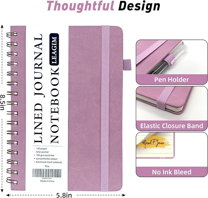 Lined Spiral Journal Notebook for Women & Men, College Ruled Hardcover Notebook for Work & Note Taking, Journals for Writing, 100 GSM, Business, School, 140 Pages, A5(5.8"x8.5") - Pink