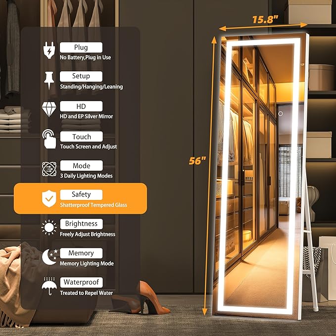 Hasipu Full Length Mirror with Lights, 56" x 15.8" LED Floor Mirror, Full Body Dressing Standing, Hanging Mounted Mirror for Living Room Bedroom Cloakroom, Square White