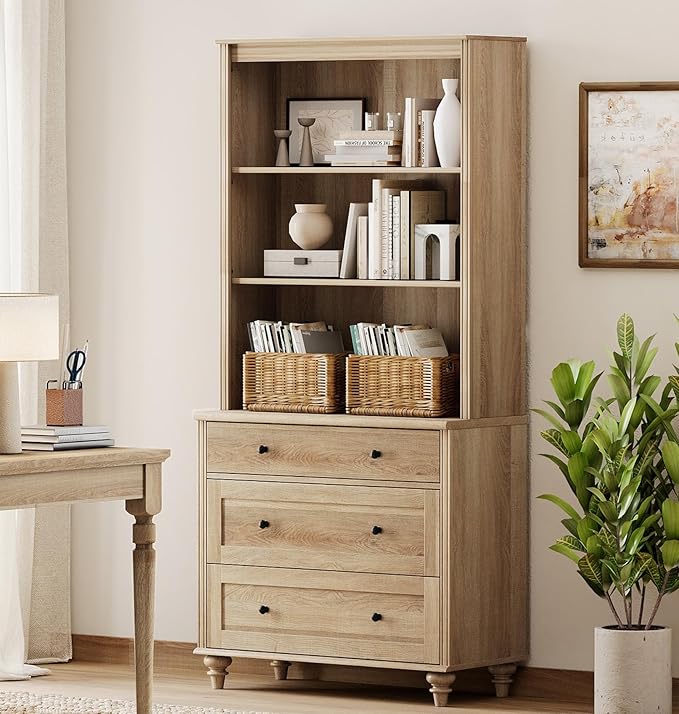 WAMPAT 3 Tier Bookshelf with 3 Drawers, 72" Tall Bookcase Large Farmhouse Display Book Case Shelf with 3-Tier Open Book Shelfs，Library Wood Bookshelves for Living Room,Kitchen, Oak