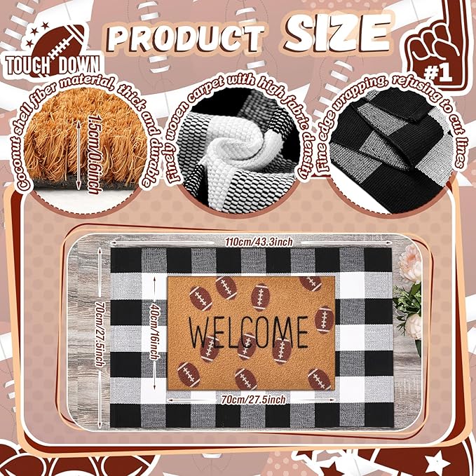 2 Pcs Football Coir Welcome Doormat Outdoor Football Rug Layered Buffalo Plaid Mats for Front Door Porch Outdoor Entryway Decor(Welcome)