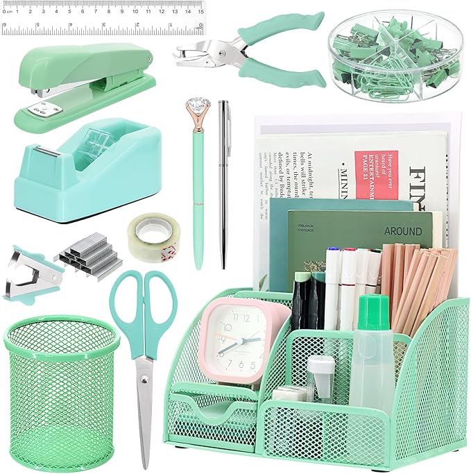 13-in-1 Office Desk Organizer Set with Stapler and Tape Dispenser, Pen Holder, Scissors, Ruler, Hole Punch, 2 Pens & More Desktop Accessories for Back to School Supplies (Green)
