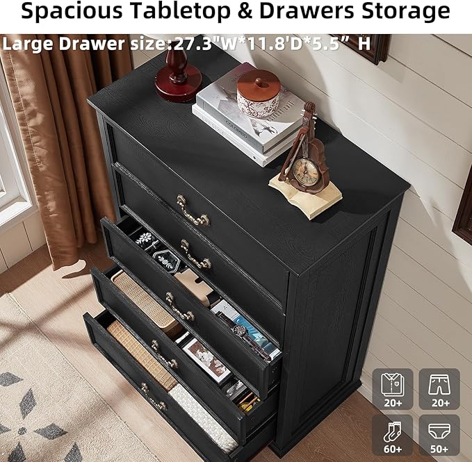 Farmhouse 5 Drawer Dresser for Bedroom, 45" Tall Rustic Chests of Drawers w/ 4 Solid Wood Feet, Mid Century Modern Wooden Closet Storage Dressers Organizer for Living Room, Hallway, Black