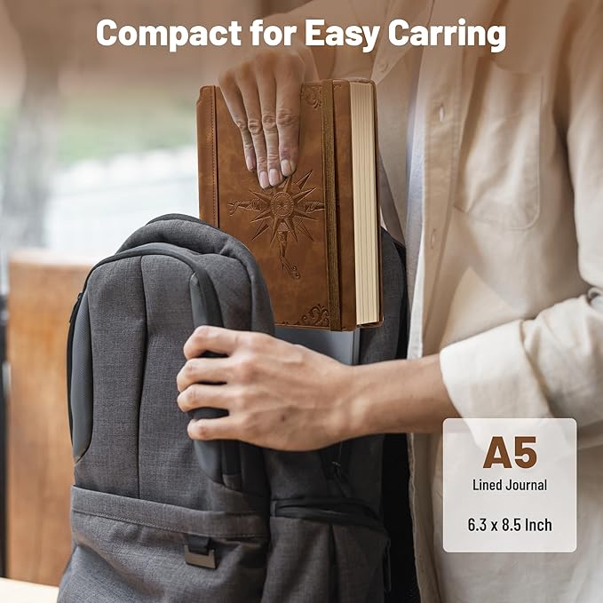 CAGIE Compass Leather Notebook Journal for Men, 100 GSM 288 Pages Lined Journals for Writing, A5 Hardcover Journaling Notebooks Gift Set with Pen for Travel Office Daily Writing