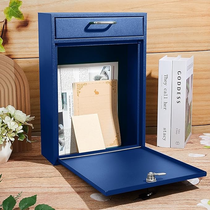 Locking Mailbox with Key for Outdoor 16.2 x 11.2 x 4.7 Inches Large Wall Mount Mail Box with Lock Security Mail Drop Metal Collection Boxes Hanging Secure Postbox(Dark Blue)