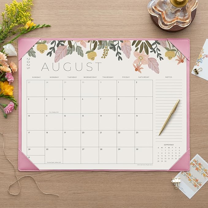 Desk Calendar 2025-2026 with Desktop Mat, Cabbrix Large Desk Pad Calendar 22 x 17 Inch Runs From July 2025 to December 2026, Floral Design Calendar 2025 for Home School and Office (Pink)