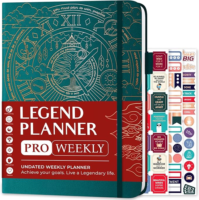 Legend Planner PRO – Deluxe Weekly & Monthly Life Planner to Increase Productivity and Hit Your Goals. Time Management Organizer Notebook – Undated – 7 x 10" Hardcover + Stickers – Dark Teal