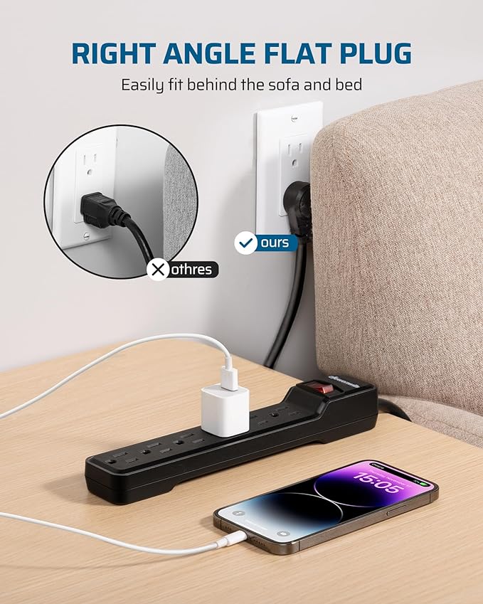 DEWENWILS 6-Outlet Power Strip Surge Protector, 15FT Long Extension Cord, Low Profile Flat Plug, 15 Amp Circuit Breaker, 500 Joules, Wall Mount, Black, UL Listed