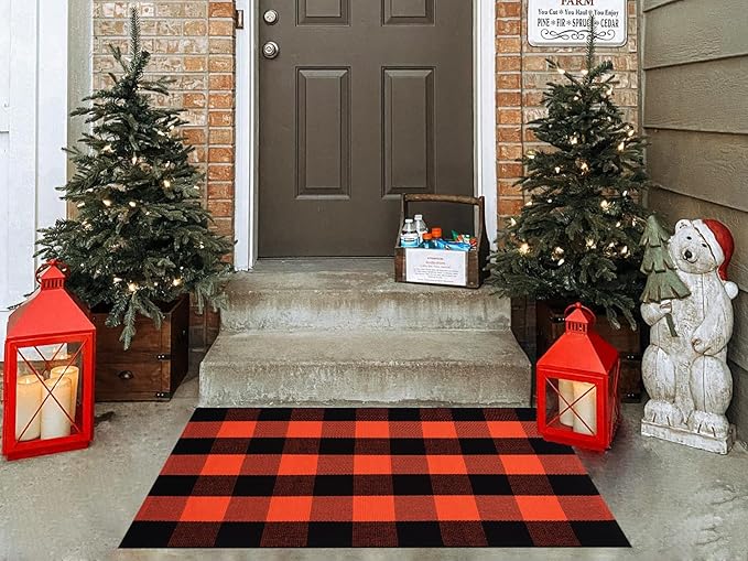 Ckorzen Fall Plaid Rug 28" x 43", Orange and Black Buffalo Check Front Porch Outdoor Layered Doormat, Cotton Hand-Woven Washable Rug for Halloween Thanksgiving Autumn Decor
