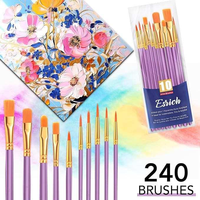 ESRICH Acrylic Paint Brushes Set, 24 Packs/240 Pcs, Nylon Brush Head, Suitable for Acrylic, Oil, Watercolor, Rock Body Face Nail Art,Perfect Suit of Art Painting.(Purple)