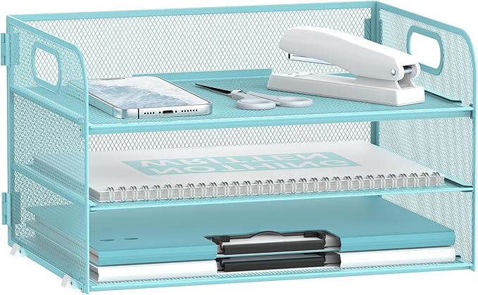 Daltack 3-Tier Paper Organizer with Handle, Mesh Desk Organizer Letter Tray, Blue