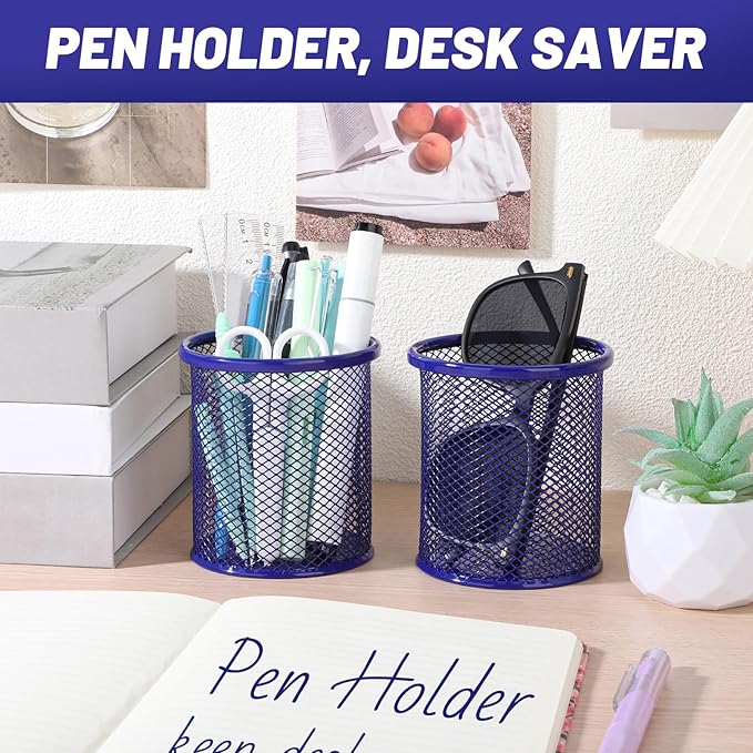 Segarty Pen Cup, 6 Pack Round Cute Dark Blue Pen Holder for Desk, Wire Mesh Pencil Holder Container Set, Desktop Organizer for Office Supplies, Maker, School, Home Storage, Makeup Brush