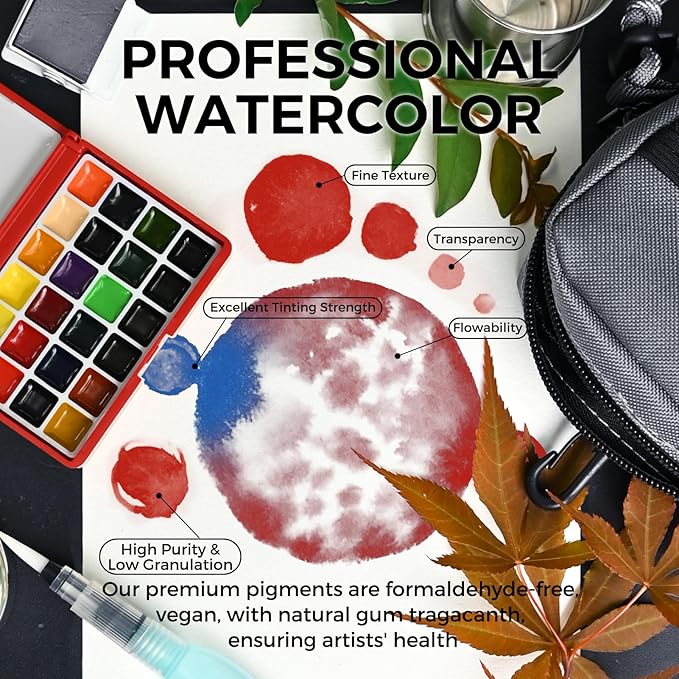 Funto Mini Watercolor Paint Set, All-In-One 24-Color Travel Paint Kit, with Crossbody Bag, Watercolor Journal, Paint Water Cup, Pocket Set for Artists