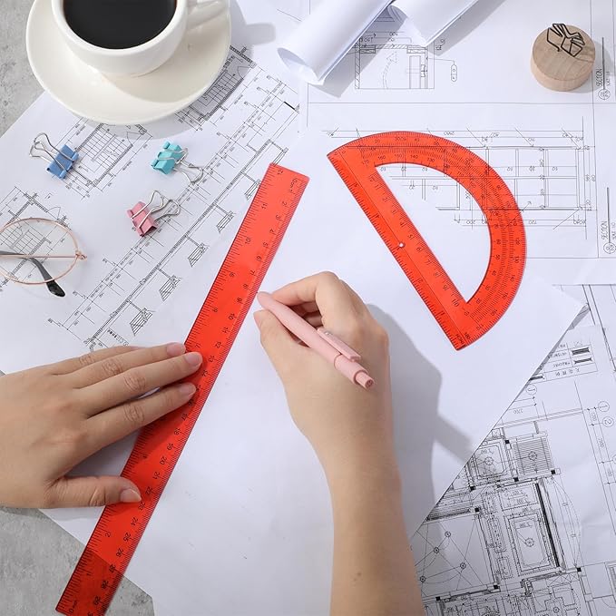 Zonon 2 Pack 12'' Plastic Ruler and 6'' Plastic Protractor Set Clear Ruler Protractor Set Math Geometry Supplies for School Classroom Home Office Drawing (Red)