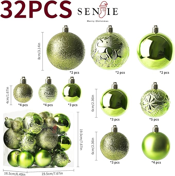 Senjie Apple Green Shatterproof Christmas Ornaments, 32 Pcs Multicolored Spherical Hanging Plastic Ornaments for Christmas Trees