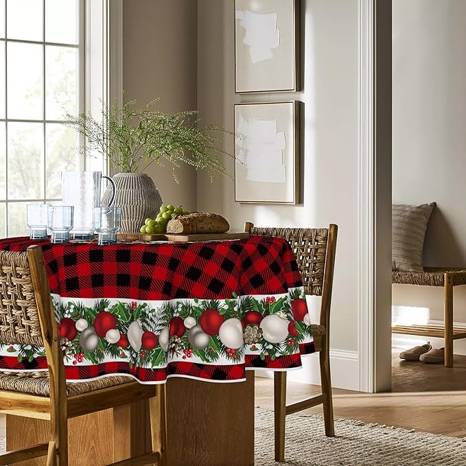 Horaldaily Christmas Tablecloth 70×70 Inch Round, Christmas Ball Ornaments Red Bufalo Plaid Washable Table Cover for Party Picnic Dinner Decor