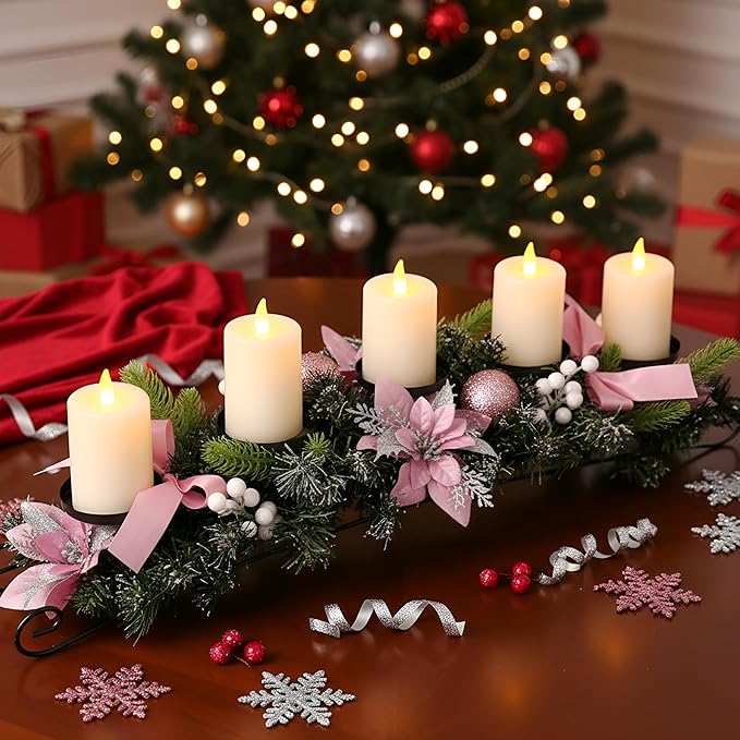 Yungyan Christmas Tabletop Centerpiece 30 Inch, Includes 5 Battery Operated LED Candle Holders, Pink Poinsettia Flowers, Pink Bow, Pine Cones and Base, Christmas Artificial Dinner Table Decorations