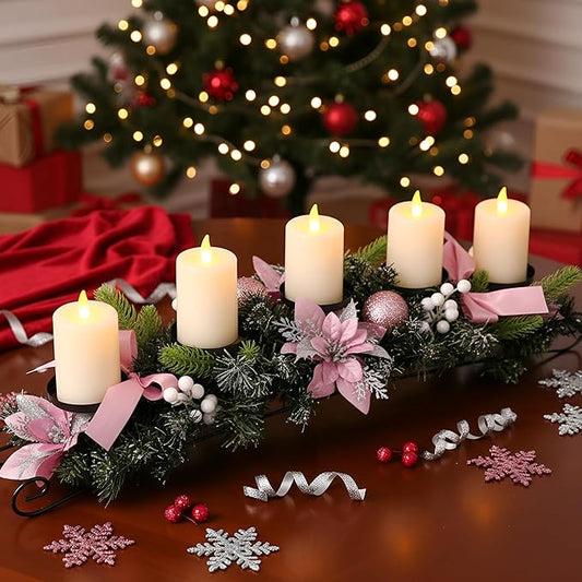Yungyan Christmas Tabletop Centerpiece 30 Inch, Includes 5 Battery Operated LED Candle Holders, Pink Poinsettia Flowers, Pink Bow, Pine Cones and Base, Christmas Artificial Dinner Table Decorations