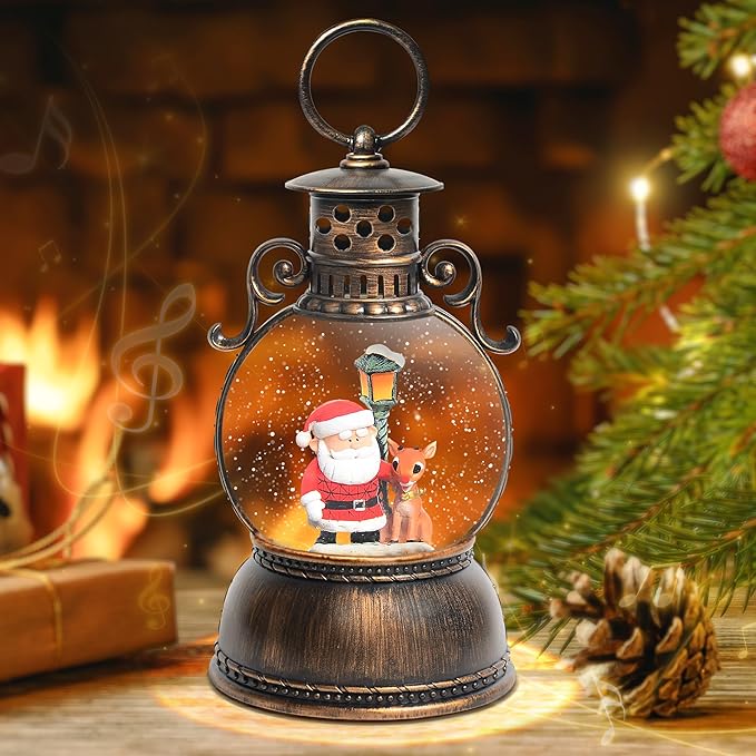 Christmas Snow Globes, Santa Claus and Deer Christmas Lantern with 8 Songs, 6H Timer Battery & USB Powered Glitter Music Box for Christmas Table Decorations Holiday