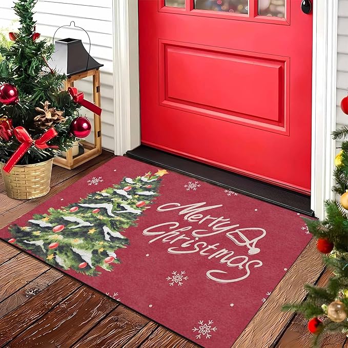 Christmas Doormat Christmas Tree Snowflakes Welcome Mat Farmhouse Floor Mats Outdoor Front Door Mat Front Porch Rugs for Thanksgiving Christmas Indoor Outdoors Decorative, 16" x 24" Inch
