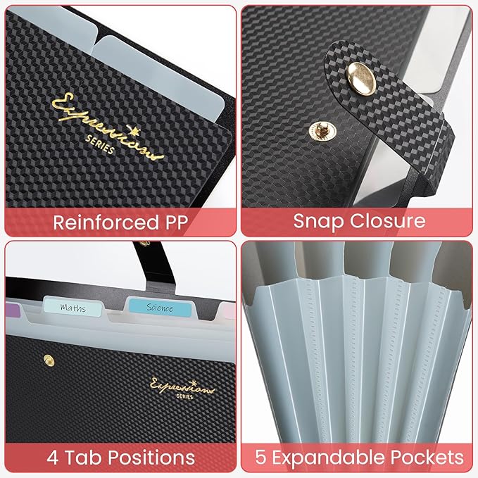 Sooez Expanding File Folder, Letter Size Accordion File Organizer, 5 Pocket Folders for Documents, Cute Folder with Labels, Portable Paper Organizer for School Office Supplies, A4 Size, Pink