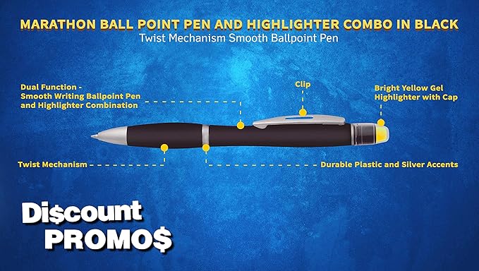 DISCOUNT PROMOS 10 Marathon Gel Highlighter Pens Pack - Twist Mechanism, Ballpoint - Black