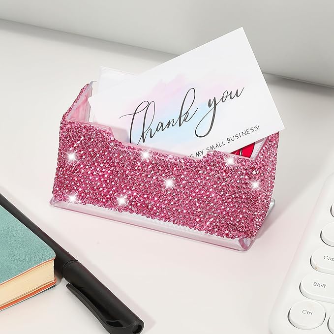 PATIKIL Rhinestone Business Card Holder, Crystal Business Card Holders Bling Business Card Organizer Display Stand for Desktop Desk Office Exhibition, Pink