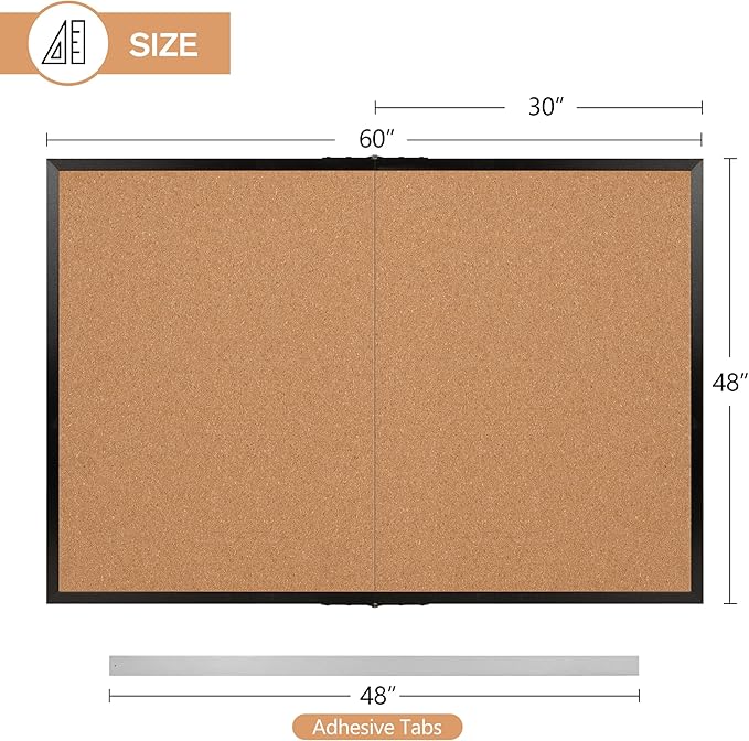Board2by Extra Large Cork Bulletin Board 60" X 48", Foldable Notice Pin Board for Wall, Black Wood Framed 5'x4' Corkboard, Wall Mounted Noticeboard with 32 Push Pins for School, Home & Office