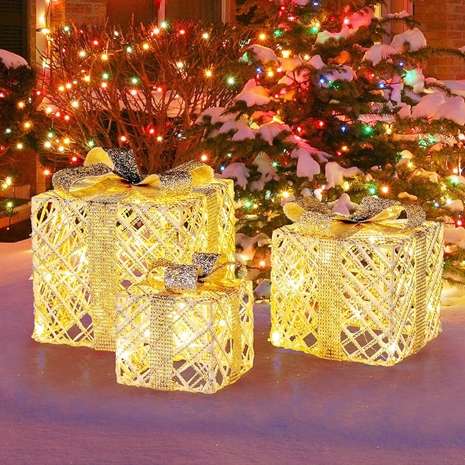 Tangkula Set of 3 Lighted Box, Pre-Lit Festive Boxes w/ 50 LED Lights, Detachable Bows & Sparkling Crystals, Indoor Outdoor Rope-Woven Present Boxes for Yard, Home