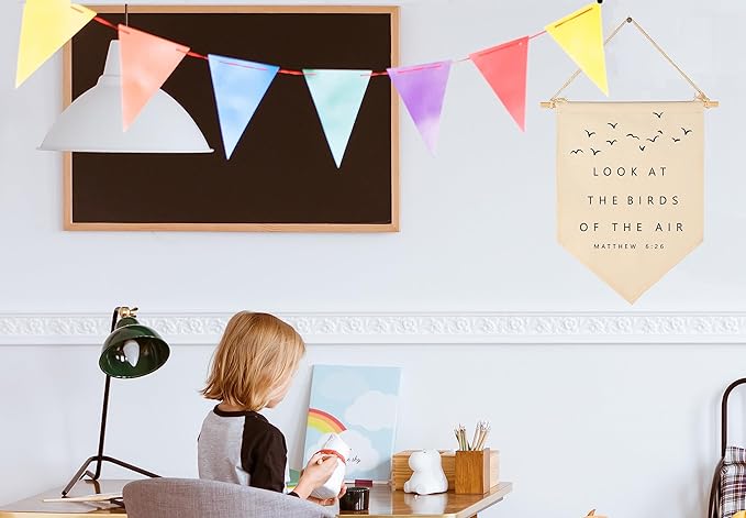 Bible Verse Wall Art-Minimal Christian Wall Decor-Bible Baptism Gift-Scripture Hanging Flag Art Decor-Banner Wall Sign Gift-Living Room Bedroom Home Decoration-Look at the Birds