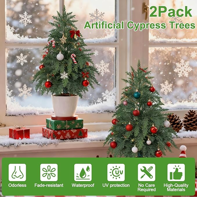 2Pack Artificial Topiary Trees, 2FT Faux Cypress, Faux Evergreen Pine Shrubs Plants with Pot, Potted Plants for Front Porch Indoor Outdoor Garden Christmas Decor