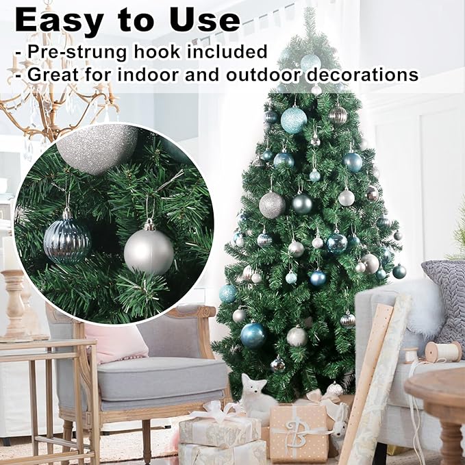 Baby Blue & Silver 2.5" Christmas Balls Christmas Tree Decoration Ornaments Shatterproof Hanging Balls for Birthday Halloween Holiday Wedding Decorations Set of 24pcs