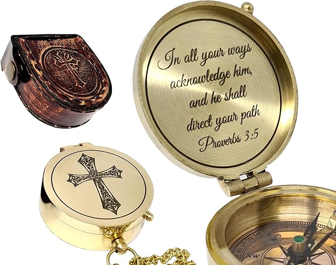 Brass Compass Engraved with Religious Scripture Verse - Ideal Gift for Son, Grandson, Daughter - Perfect for Baptism, Communion, Church and Graduation Day Present
