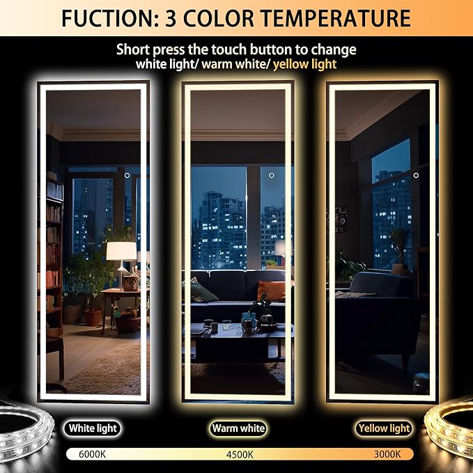 Hasipu Full Length Mirror with Lights, 65" x 20" LED Floor Mirror, Full Body Dressing Standing, Hanging Mounted Mirror for Living Room Bedroom Cloakroom, Square White