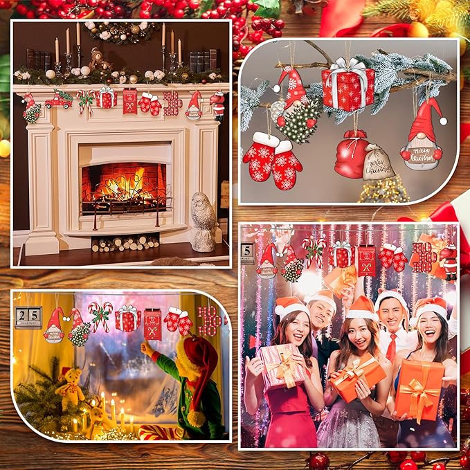 Huwena 36 Pcs Christmas Wooden Ornaments Red Christmas Decorations for Tree Snowman Gnomes Poinsettia Flowers Truck Wreath Wood Cutouts Tags with Ropes Winter Decor for Xmas Tree Gifts