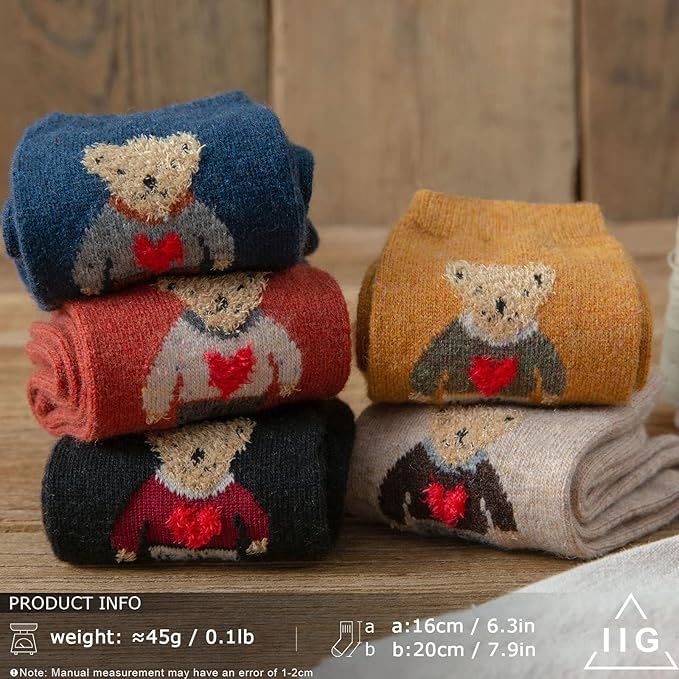 IIG Cute Warm Wool Socks for Women Super Cozy Thick Crew Winter Socks Gifts, 5 Pairs