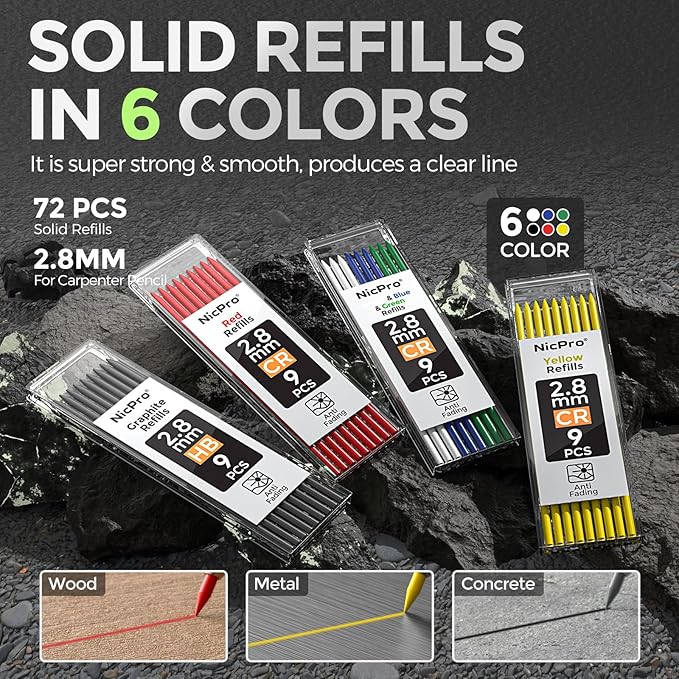 Nicpro 4 Pack CP3000 Carpenter Pencil with Sharpener, Mechanical Pencils Set with 76 Refills, Heavy Duty Construction Pencil, Carpenter Tools for Architect Marking (Red, Black, Yellow, Green)