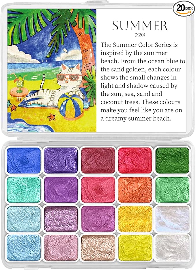 Mini Glitter Watercolor Paint Set, 20 Colors Shimmer Metallic Watercolour Painting Sets, Solid Pearl Water Color Paints for Kids, Adult, 1ml Trial Pack(Summer)