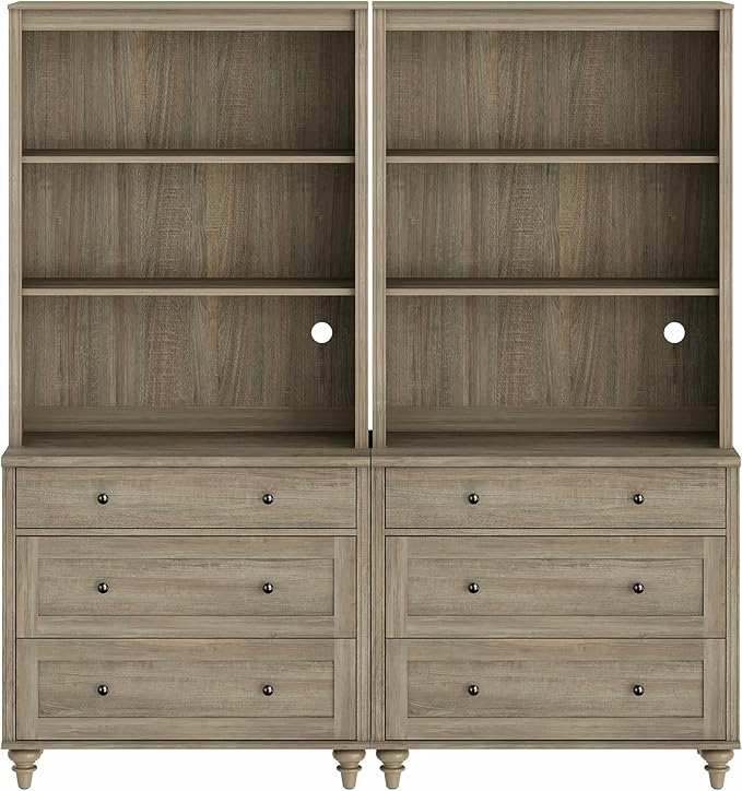 WAMPAT 3 Tier Bookshelf with 6 Wooden Drawers, 72" Tall Large Farmhouse Display Bookcase with Open Book Shelves, Mid Century Style Bookshelves for Living Room, Bedroom, Study Room, Wash Grey (2PCS)