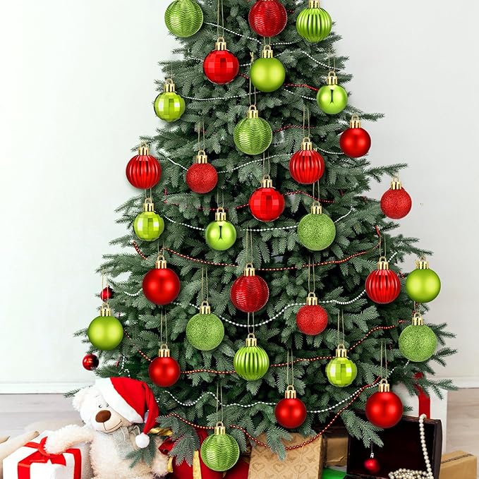 64 Pcs Christmas Ball Ornaments Lime Green Red Plastic Glitter Christmas Tree Decoration Assorted Size Hanging Xmas Ornament for Tree Home Indoor Decor, 1.6/1.97/2.4 Inch