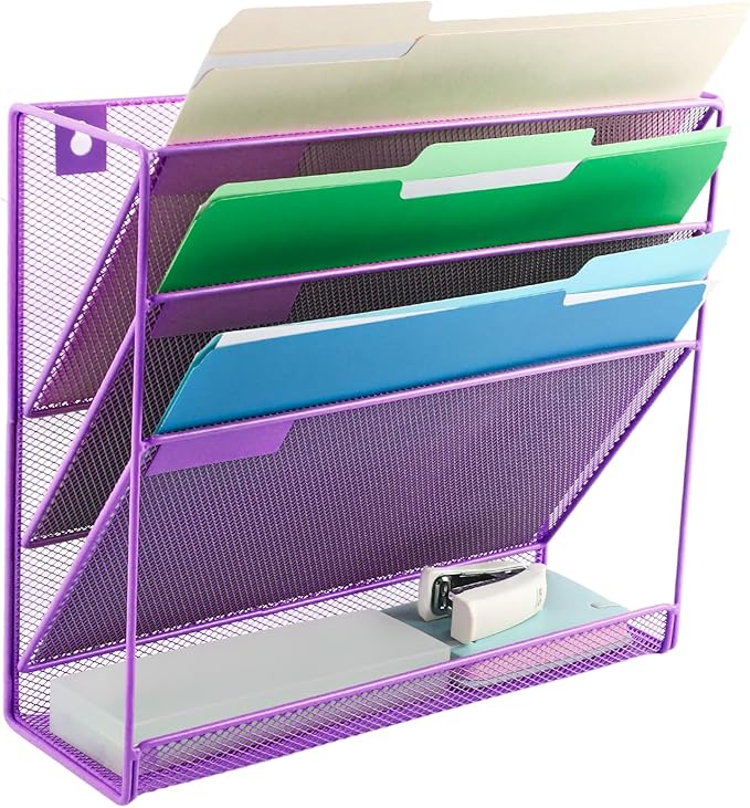 EASEPRES Desk File Organizer Mesh 4-Tier, Hanging Wall Mount Document Organization Stand, Desktop Vertical Mail Paper Folder Holder Rack with Bottom Tray for Office Home Cubicle Countertop, Purple