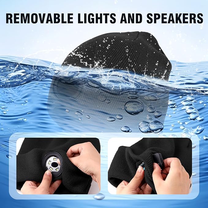 Bluetooth Beanie with Light, Headlamp Hat with Headphones and Built-in Speaker Mic, Unique Christmas Gifts for Men Husband