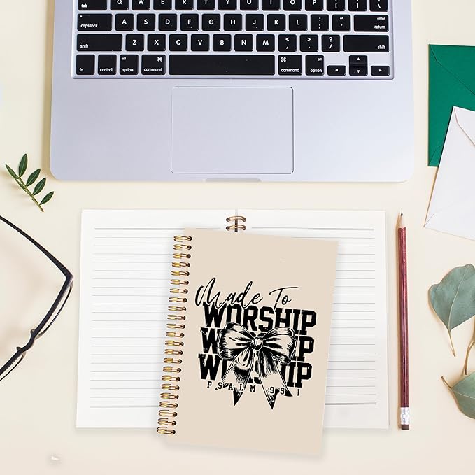 BearCake Christian Coquette Bow Notebook Journal, Made to Worship Prayer Journal for Women, Preppy Christian Gifts for Women, Bible Journaling Neutral Hardcover Spiral Notebook 5.5x8.3